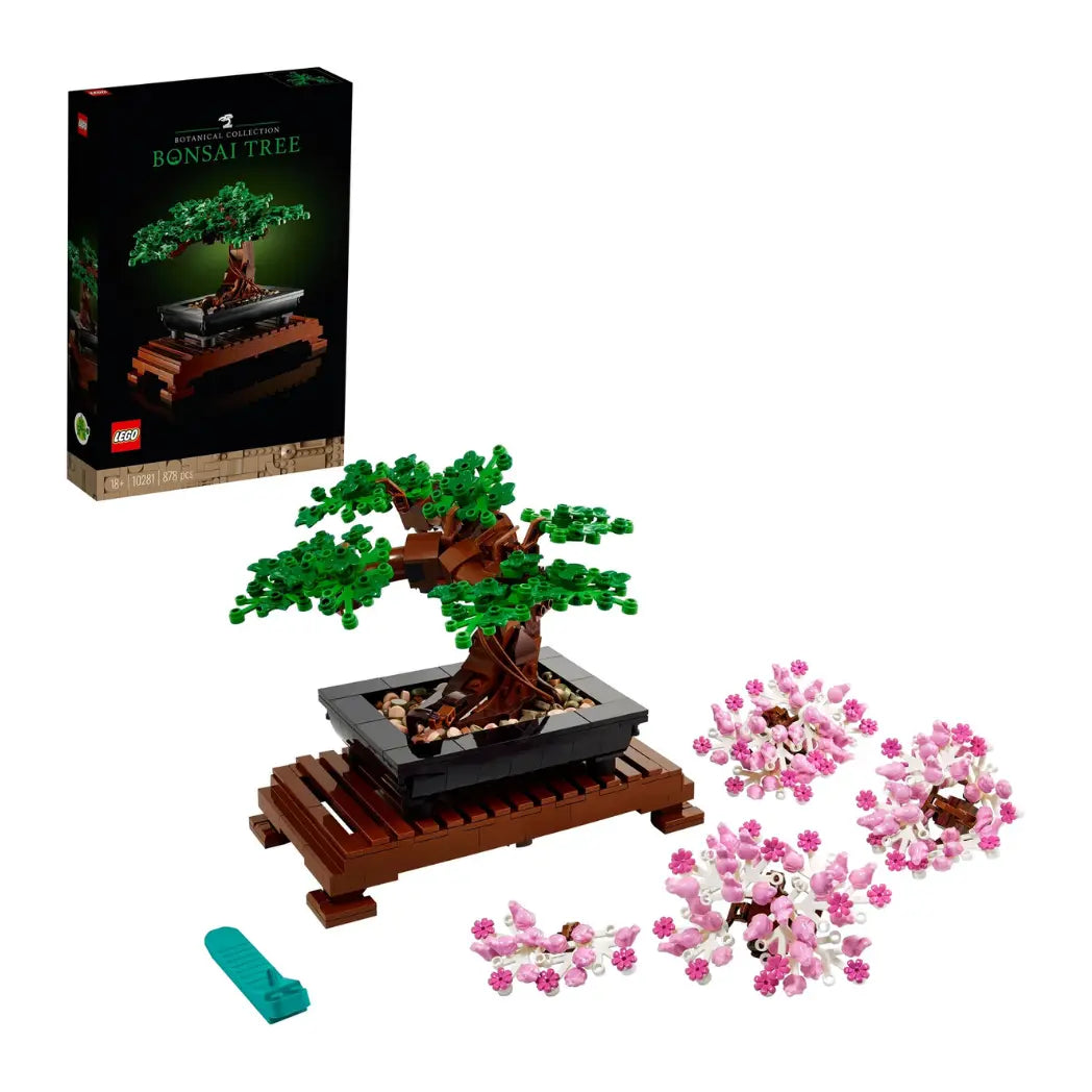 LEGO Bonsai Tree model with green leaves and extra pink cherry blossoms shown with its box on a white background.