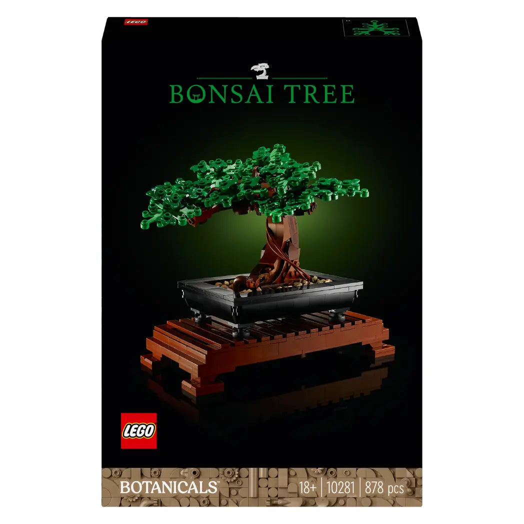 LEGO Bonsai Tree box featuring a green-leafed tree in a black pot on a wooden-style stand with a white background.