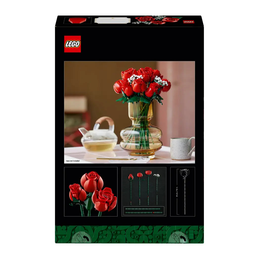 LEGO Bouquet of Roses box showing the model in a vase with various bloom stages on a black background.