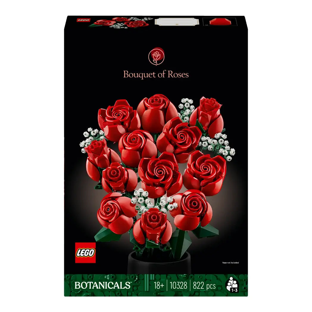 LEGO Bouquet of Roses box featuring a dozen red roses with white small flowers on a white background.