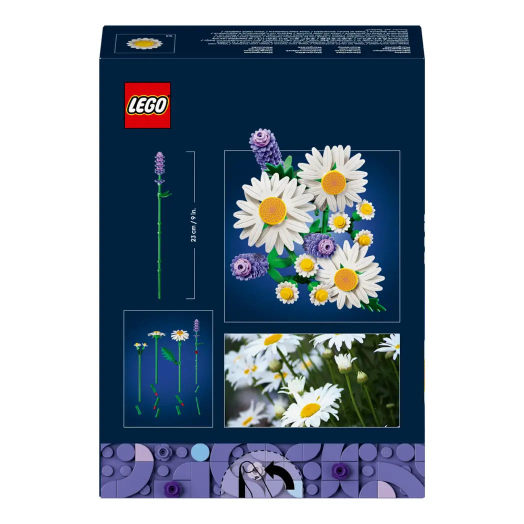 Back of LEGO Daisies box showing stem measurements and individual flower components on a dark blue background.