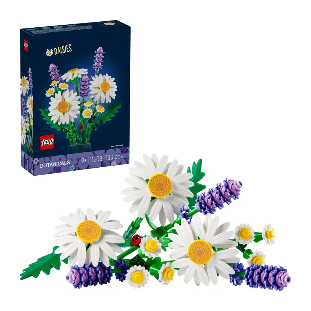 LEGO Daisies model and its packaging featuring white and purple flowers on a white background.