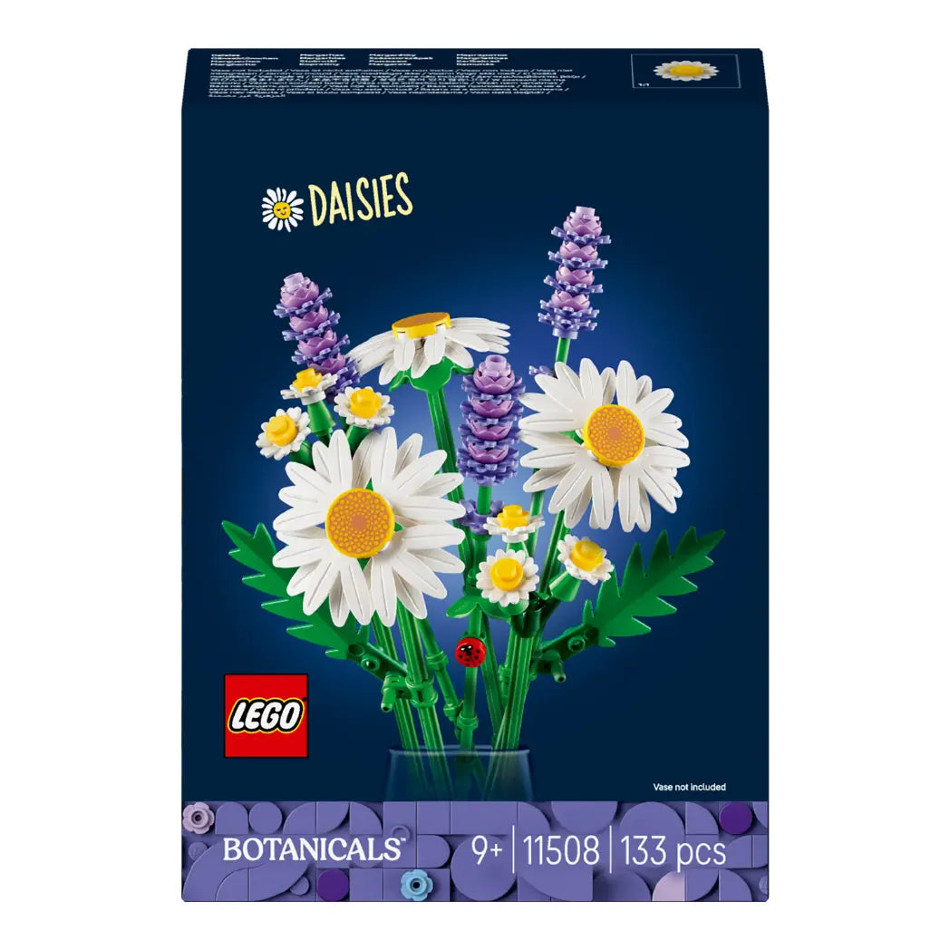 LEGO Daisies box featuring white daisy blooms and purple lavender stems on a dark blue background.