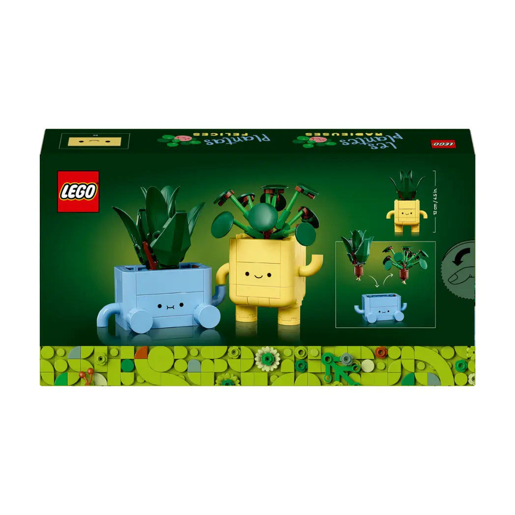 Back of LEGO Happy Plants box showing the interchangeable blue and yellow pots with their small green plant inserts.