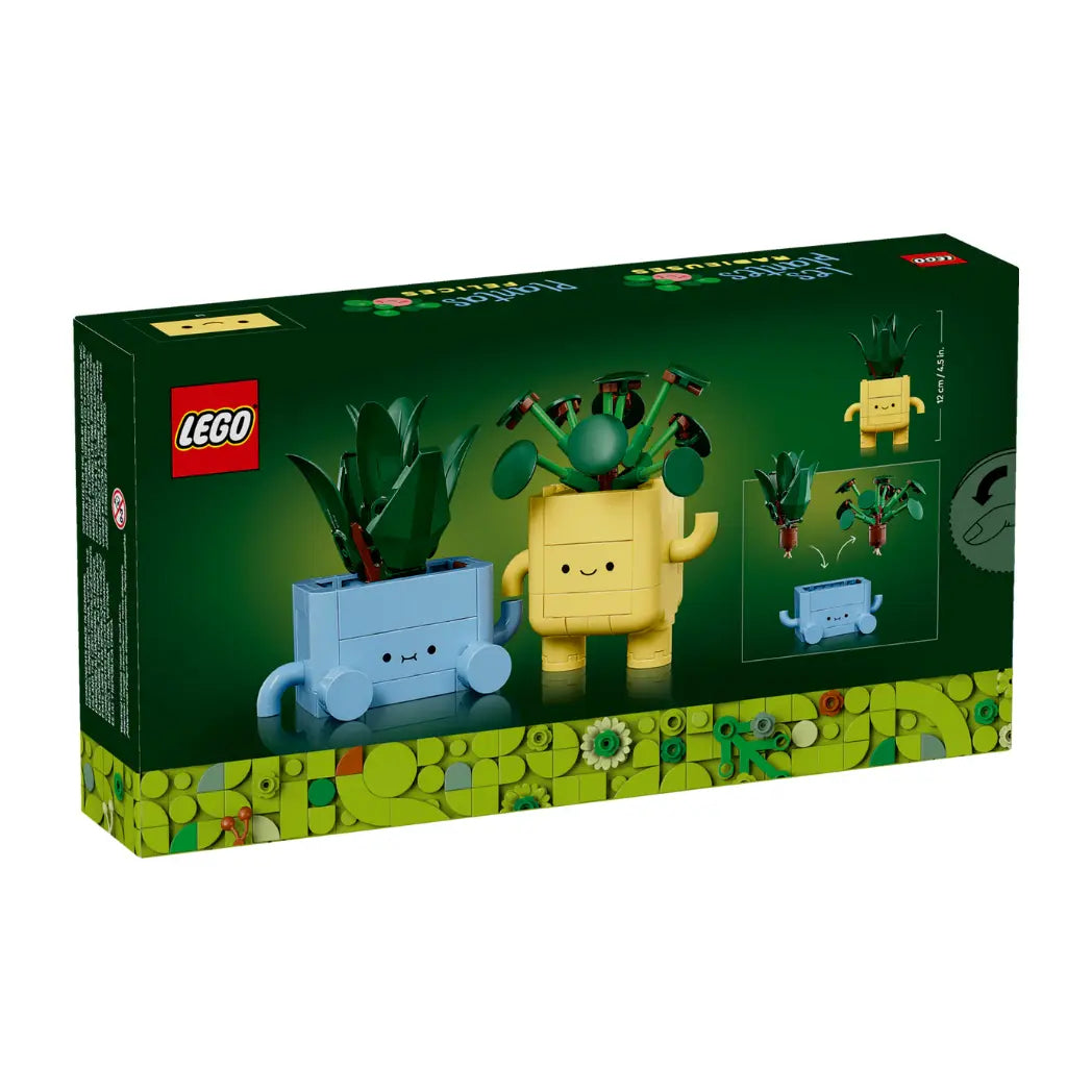 Angles back of LEGO Happy Plants box showing the interchangeable blue and yellow pots with their small green plant inserts.