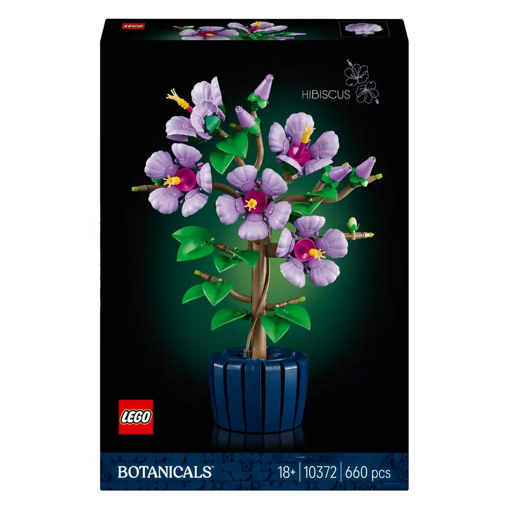 LEGO Hibiscus Flower box featuring purple blooms and green leaves in a blue pot on a black box on a white background.