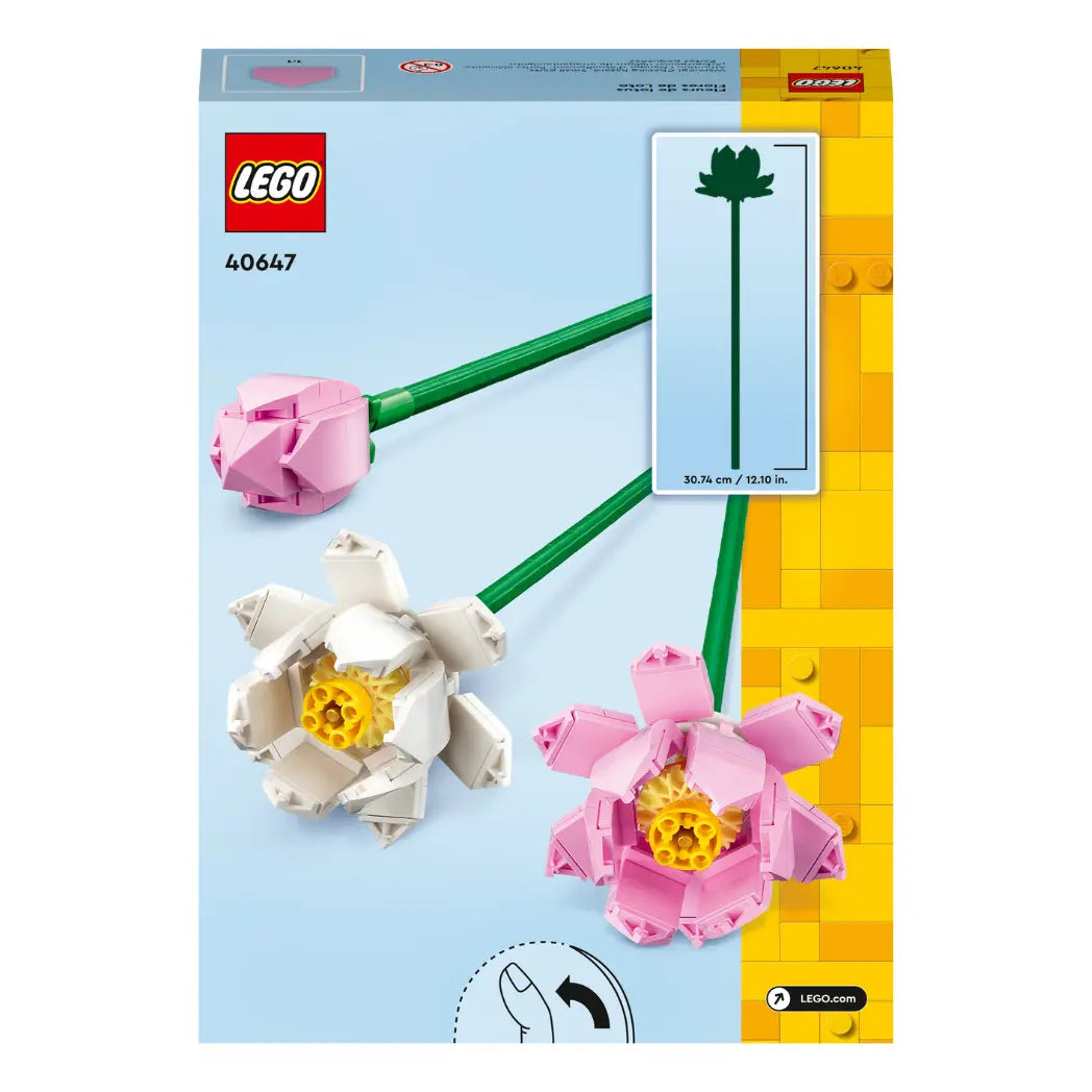 Back of LEGO Lotus Flowers box showing bloom measurements and a single white lotus on a light blue box on a white background.
