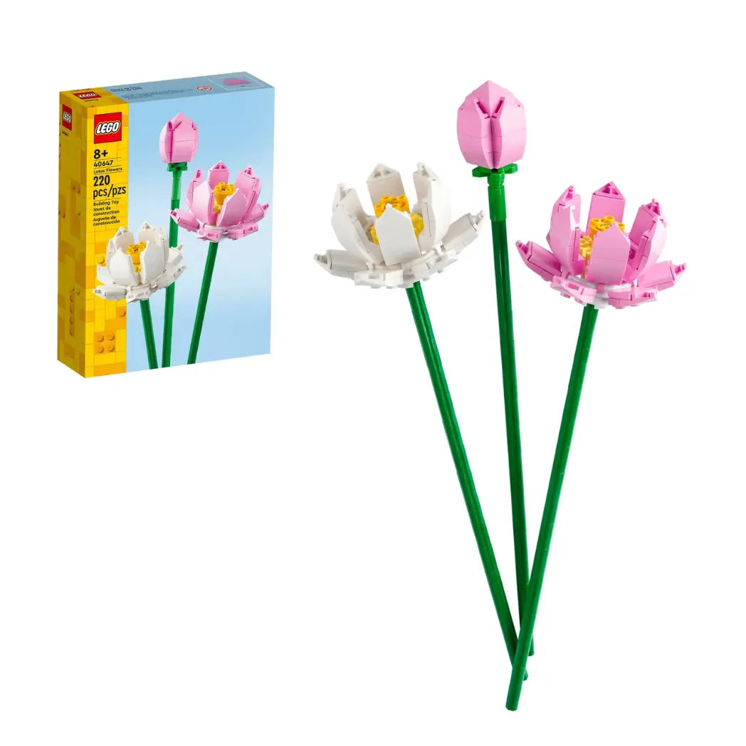 LEGO Lotus Flowers model and its packaging featuring pink and white lotus blooms on long green stems.