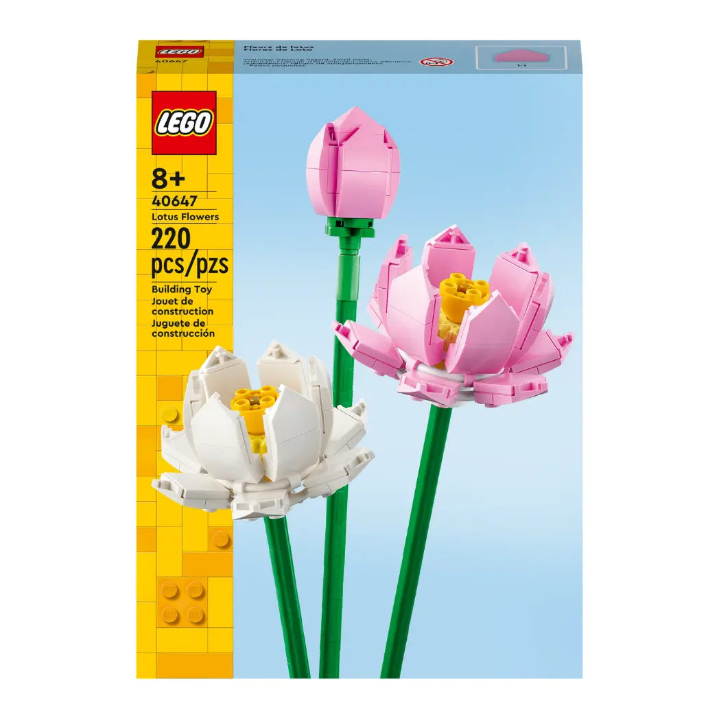LEGO Lotus Flowers box featuring pink and white blooms with yellow centers on a light blue box on a white background.