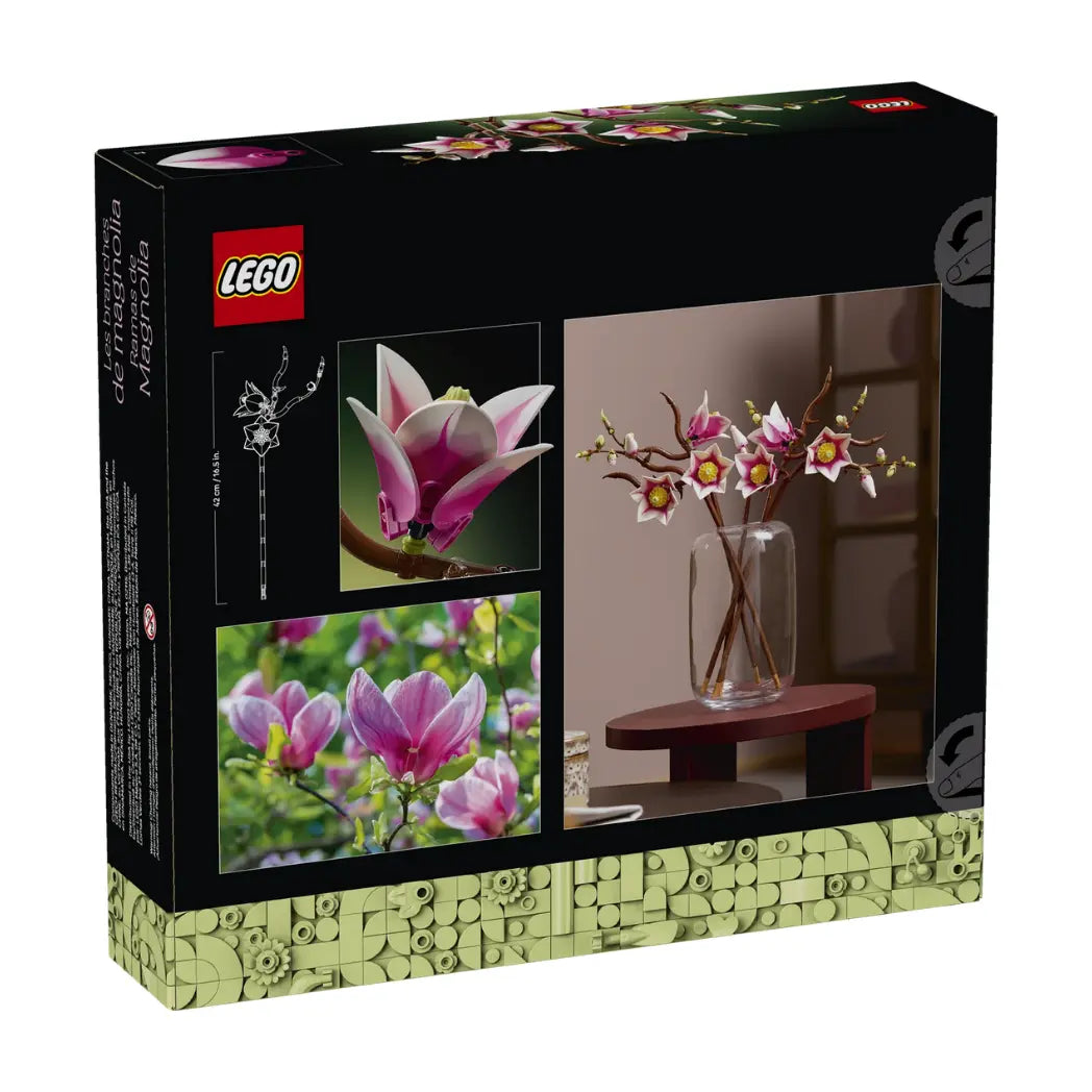 LEGO Magnolia Branches box showing stem dimensions, bloom close-ups, and the set in a clear vase on a small table.