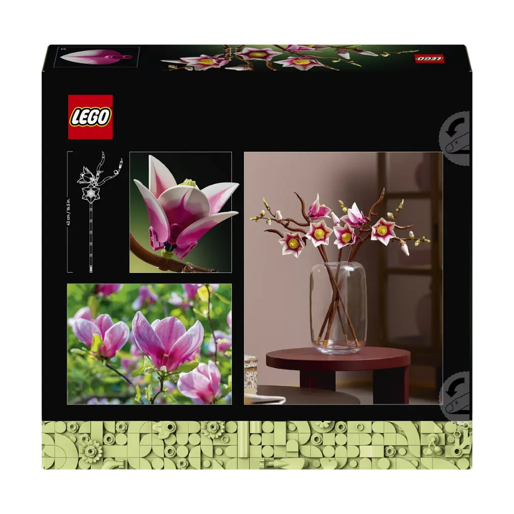 Back of LEGO Magnolia Branches box showing stem measurements, bloom details, and the model in a clear vase.