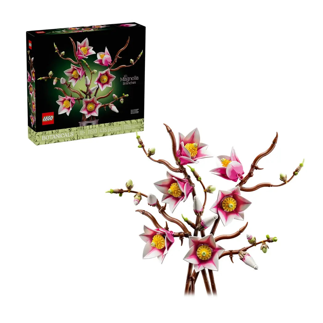 LEGO Magnolia Branches model and its packaging featuring pink and white blossoms on brown branches with a white background.