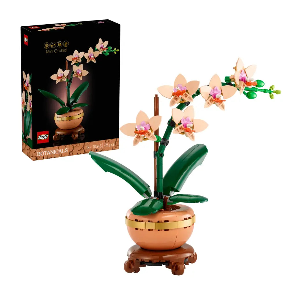 LEGO Mini Orchid model and its packaging featuring peach flowers in a tan pot on a brown stand on a white background.