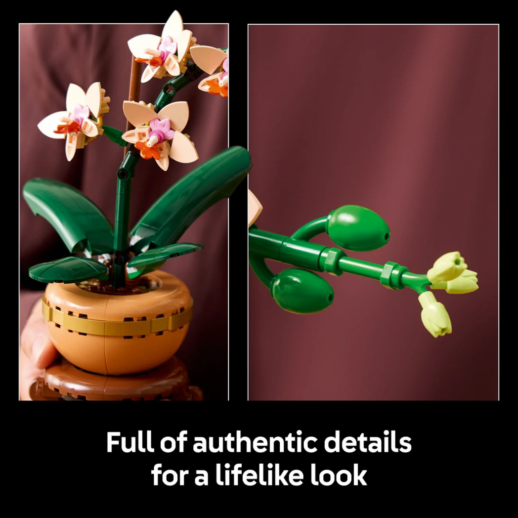 LEGO Mini Orchid featuring peach blossoms and green buds with a text banner stating "Full of authentic details for a lifelike look."