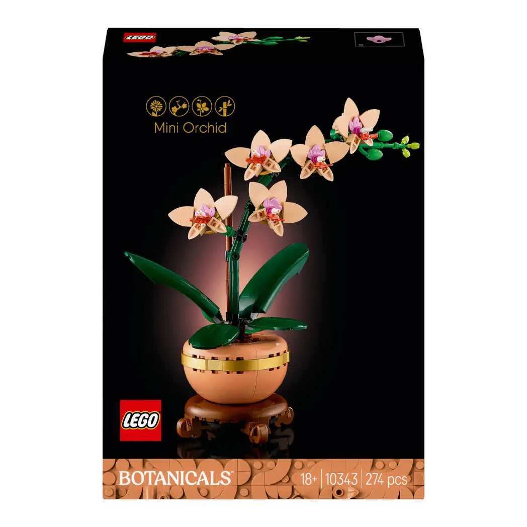 LEGO Mini Orchid box featuring peach-colored blooms and green leaves in a tan pot with a gold band on a white background.