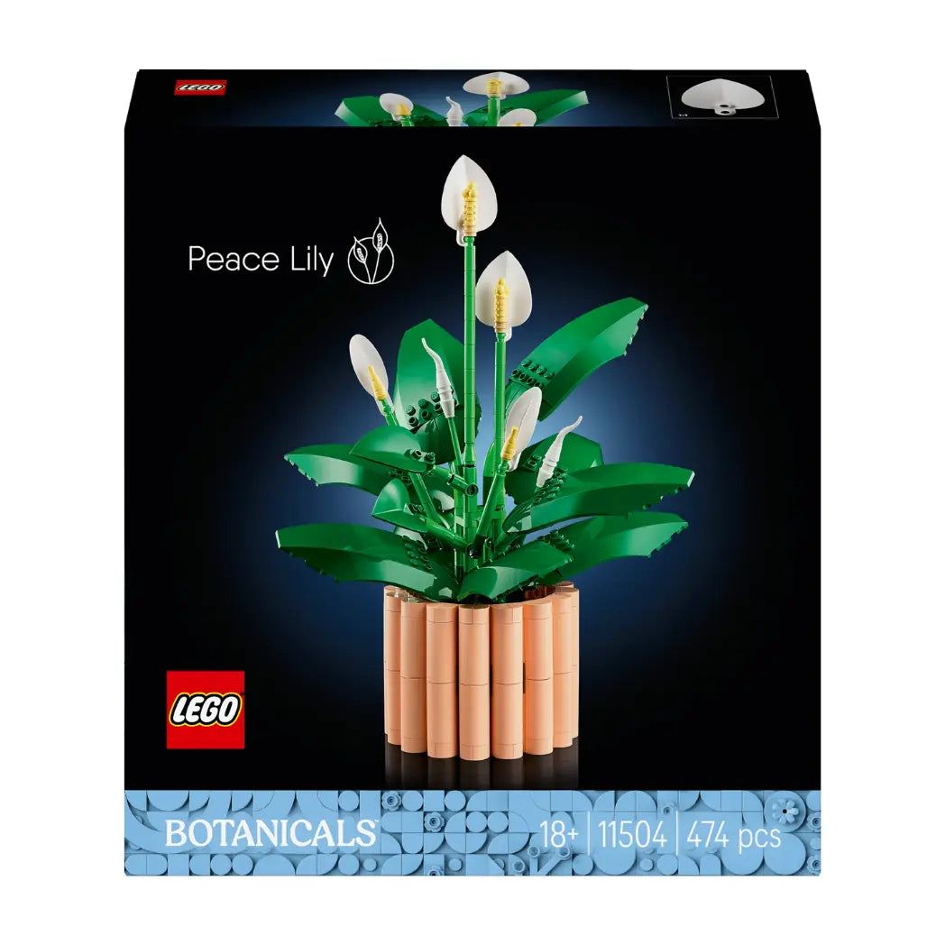 LEGO Peace Lily box featuring white blooms and large green leaves in a tan ribbed pot against a black background.