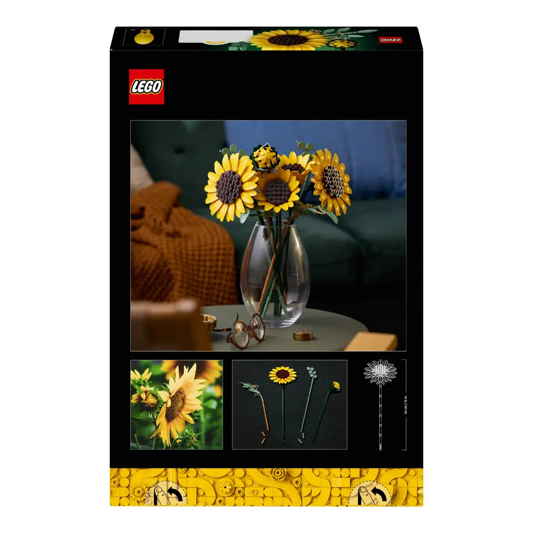 Back of LEGO Sunflower Bouquet box showing the model in a clear vase, stem dimensions, and bloom details.