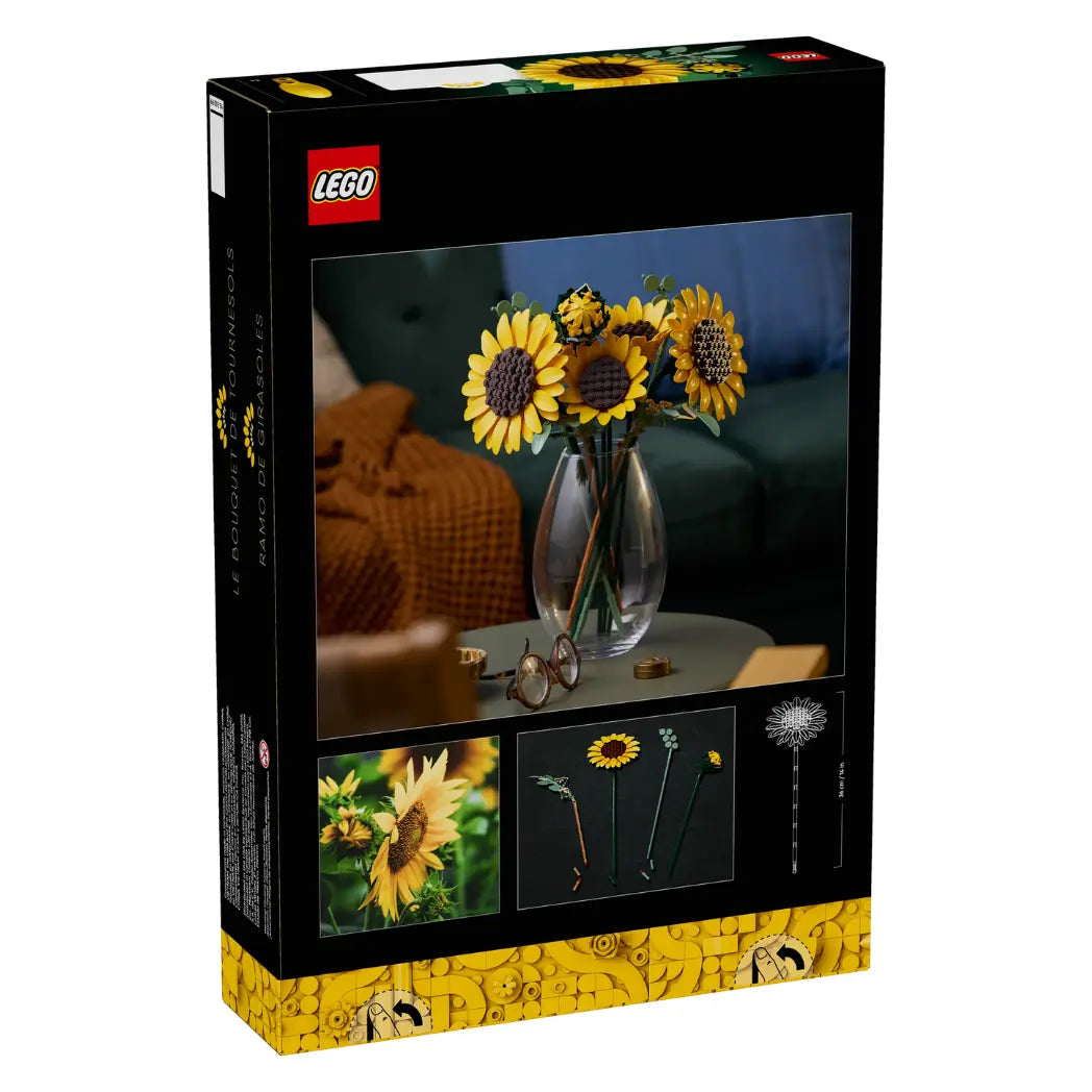 LEGO Sunflower Bouquet box showing the model in a clear glass vase, stem dimensions, and real sunflower comparison.