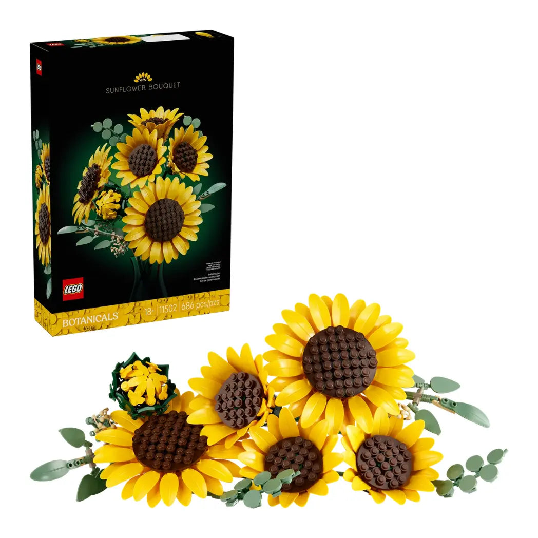 LEGO Sunflower Bouquet model and its packaging featuring vibrant yellow sunflowers with brown centers and green stems.