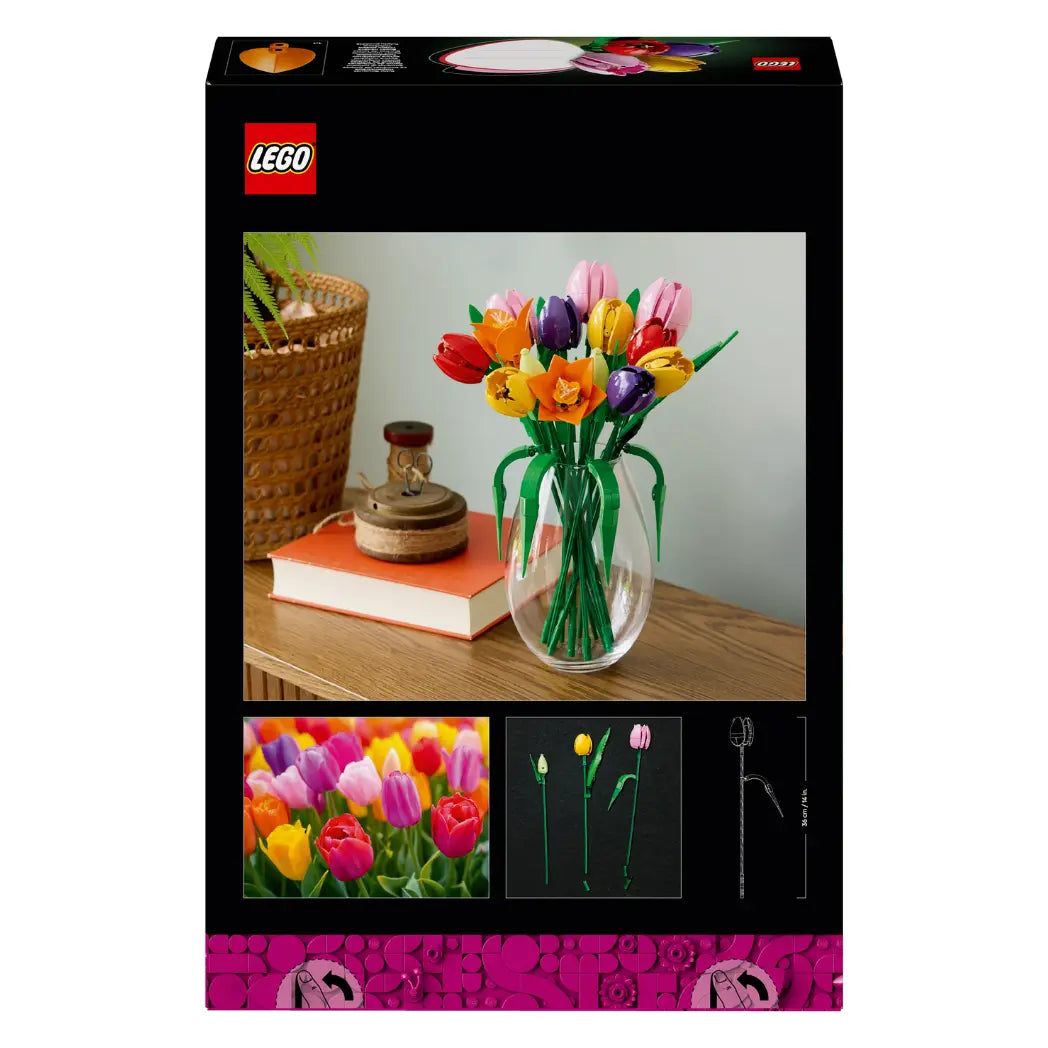 Back of LEGO Tulip Bouquet box showing the model in a clear vase, stem measurements, and real tulip field photo.