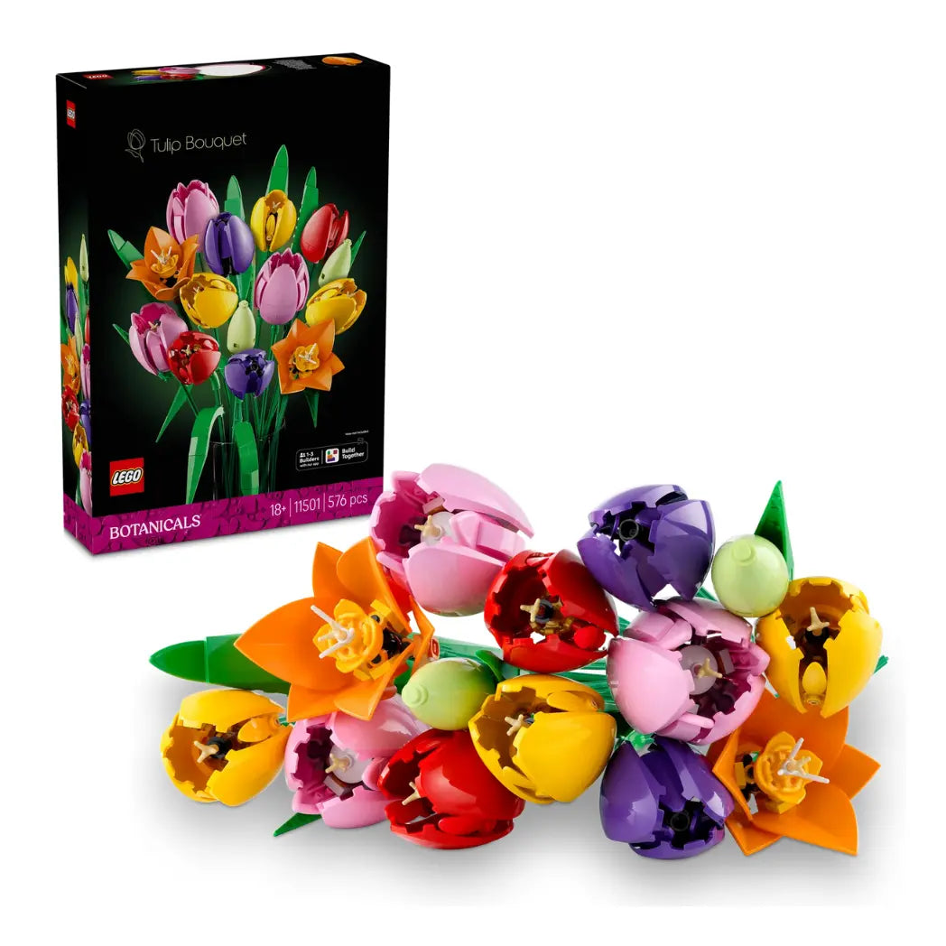 LEGO Tulip Bouquet model and its packaging featuring multi-colored tulips in pink, orange, yellow, red, and purple.
