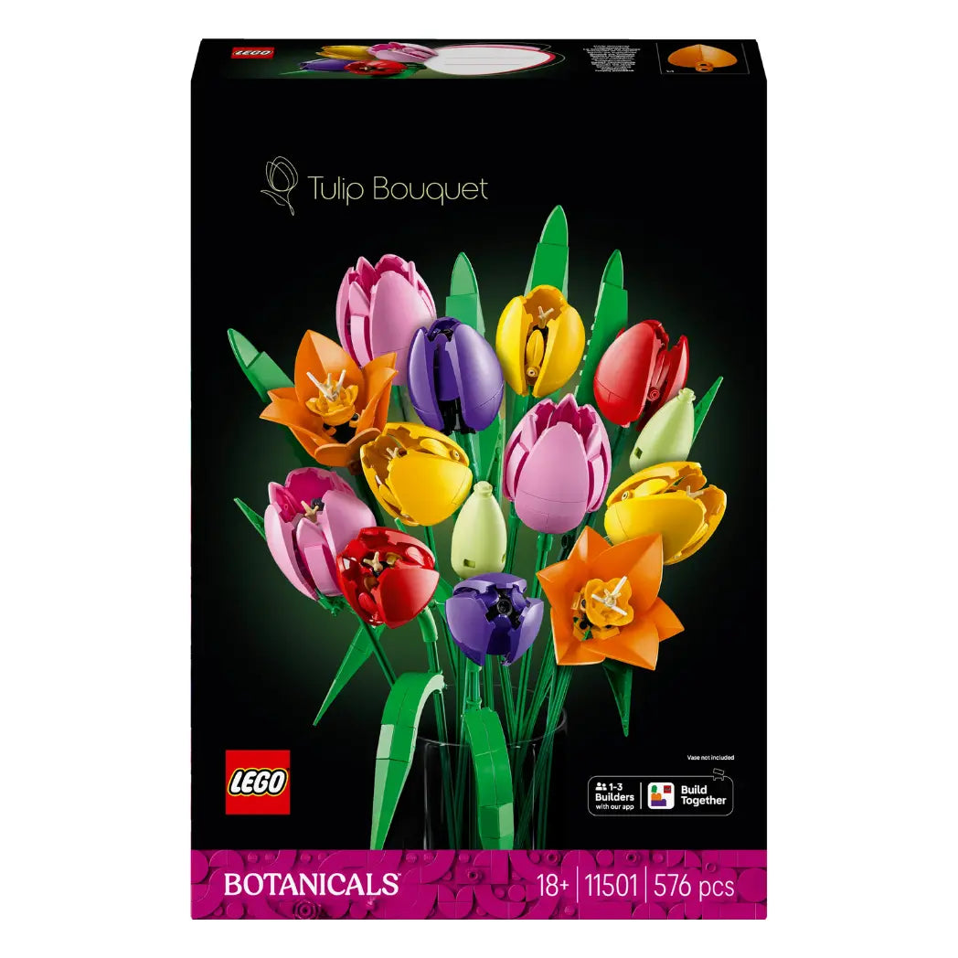 LEGO Tulip Bouquet box featuring a colorful arrangement of pink, purple, yellow, orange, and red tulips on a black background.