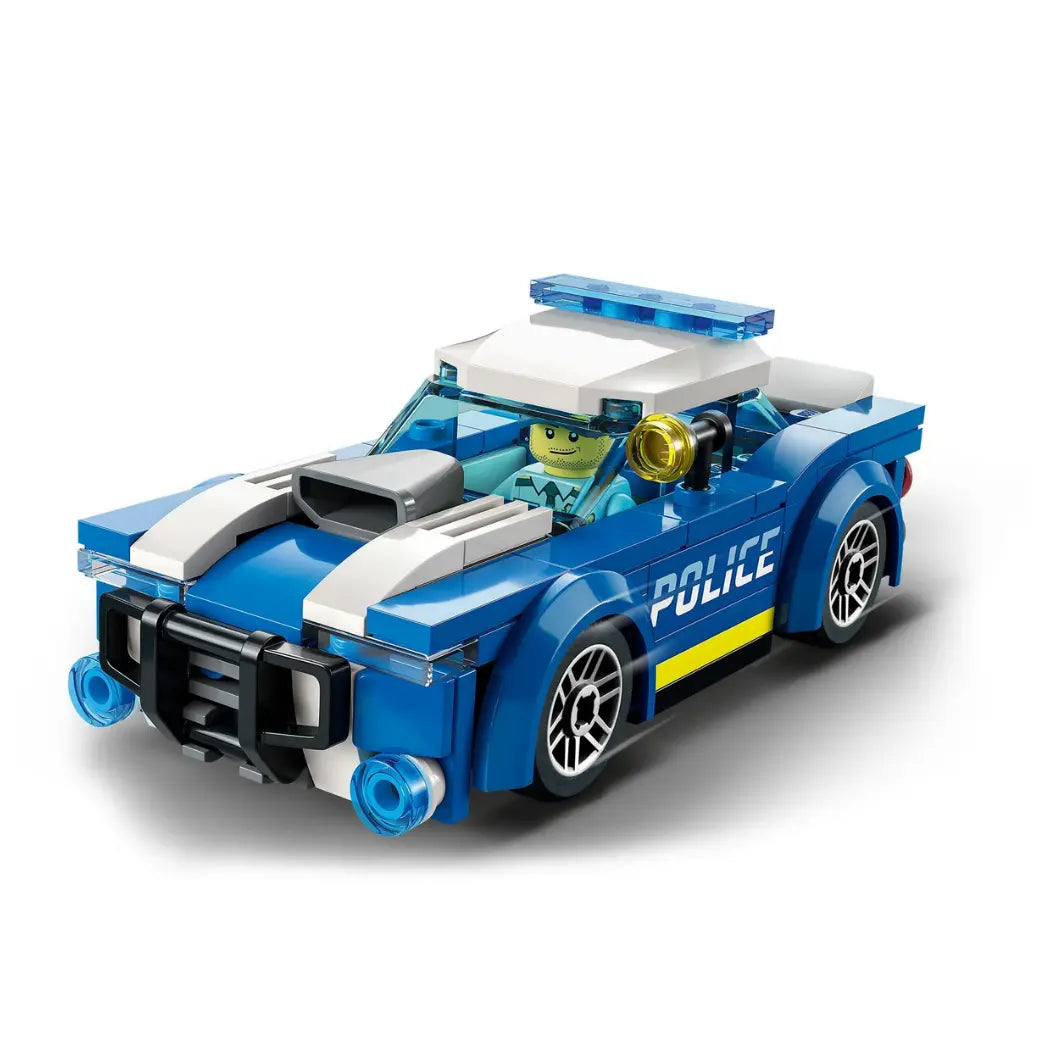 LEGO City Police Car model featuring a blue body, white hood, and a police officer minifigure driver.