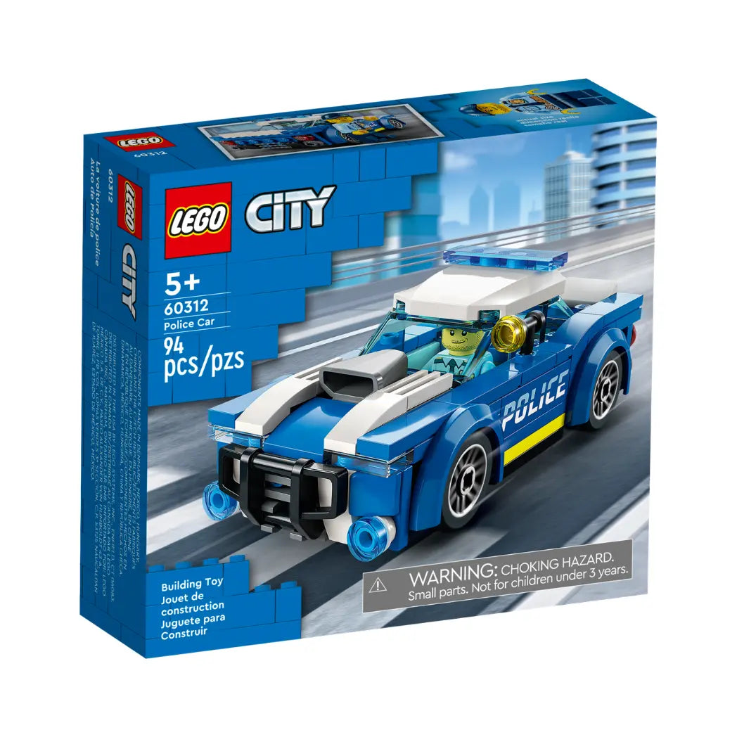 LEGO City Police Car box featuring a blue and white patrol car with a police officer minifigure driver.