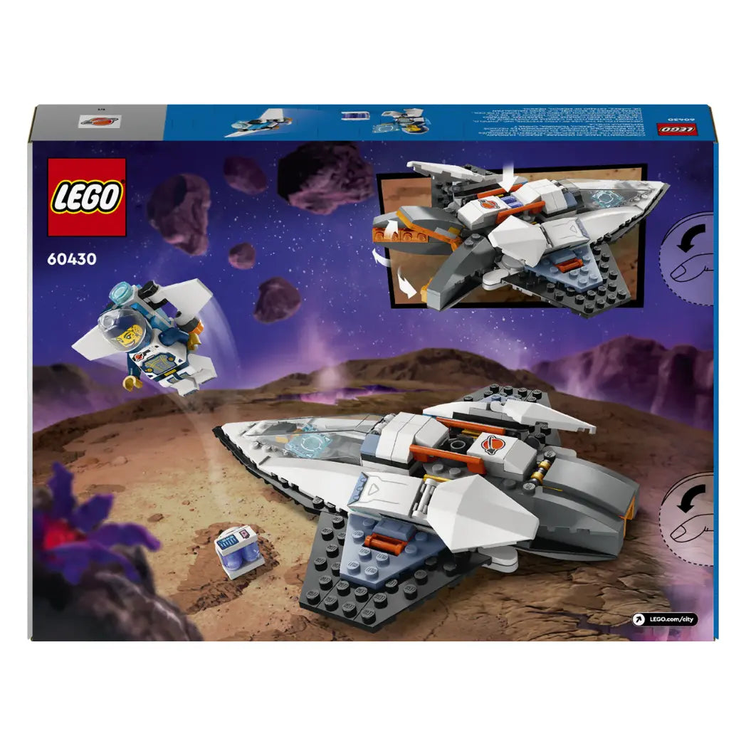Back of LEGO City Interstellar Spaceship box showing the ship on a planet surface with an astronaut and jetpack.