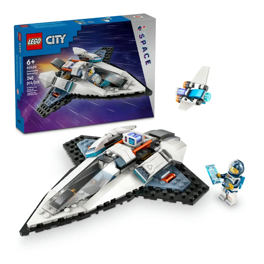 LEGO Interstellar Spaceship shown from the side with an astronaut minifigure placing an energy battery into the ship.