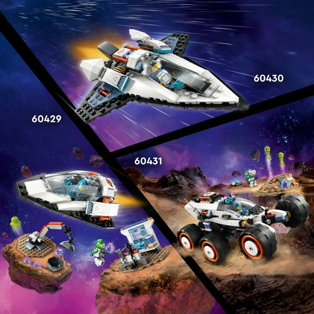 LEGO City Space sets 60430, 60429, and 60431 featuring an interstellar spaceship, asteroid lab, and planetary rover.