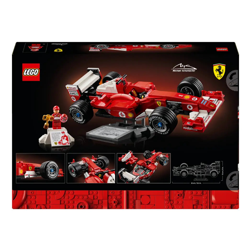 Back of LEGO Ferrari F2004 box featuring the red car, Michael Schumacher minifigure, display stand, and dimensions.