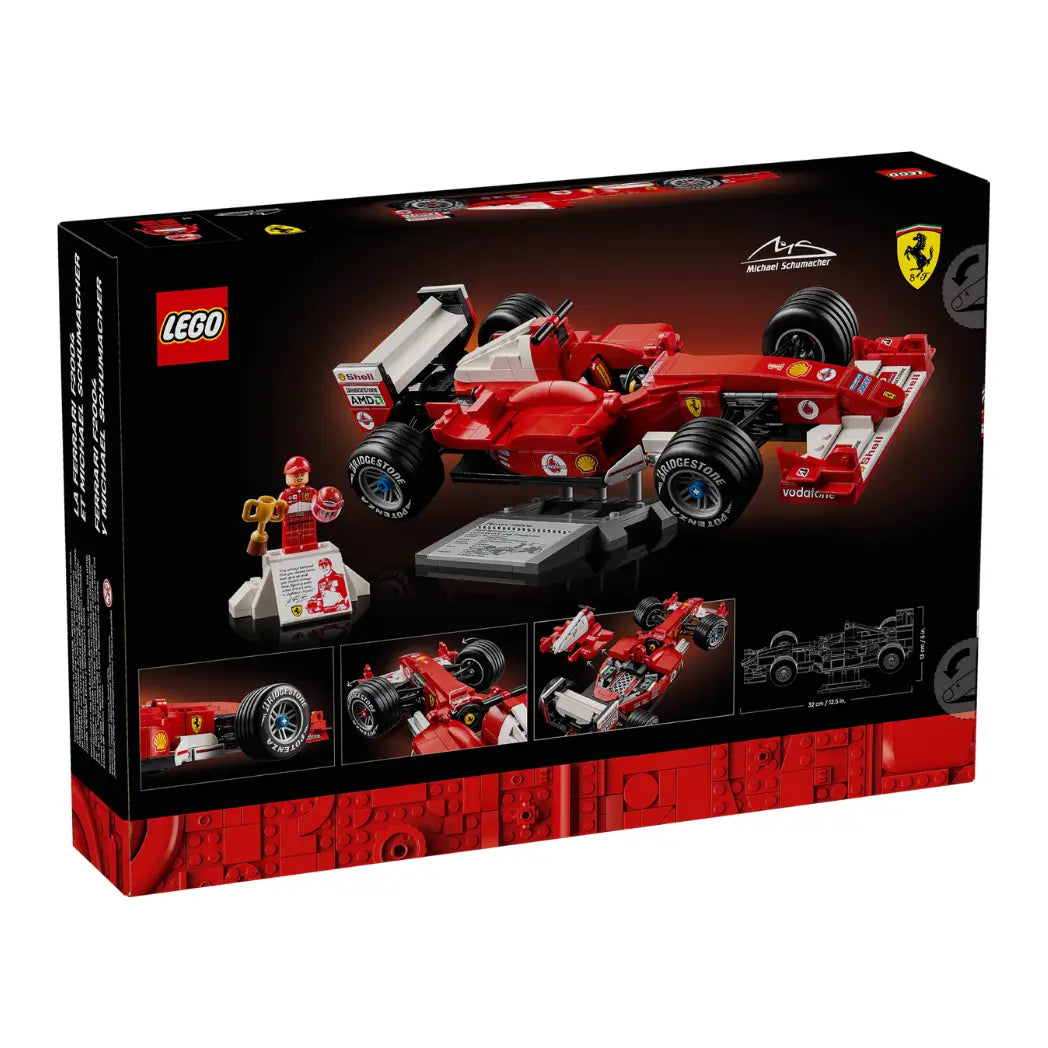 Back of LEGO Ferrari F2004 box featuring the red car, Michael Schumacher minifigure, display stand, and dimensions.
