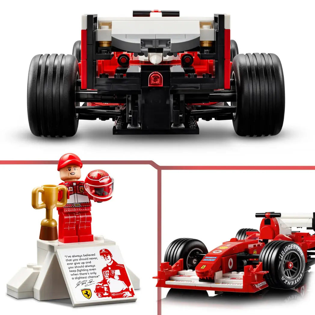 LEGO Ferrari F2004 set featuring close-ups of the car's rear, front wing, and Michael Schumacher minifigure with a trophy.