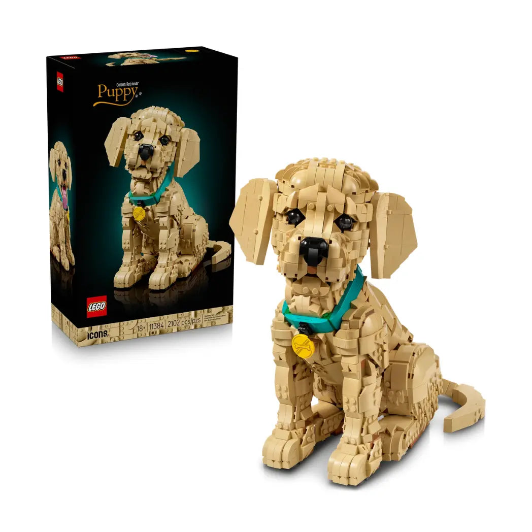 LEGO Golden Retriever Puppy box showing the tan brick-built dog sitting with its tongue out on a black background.