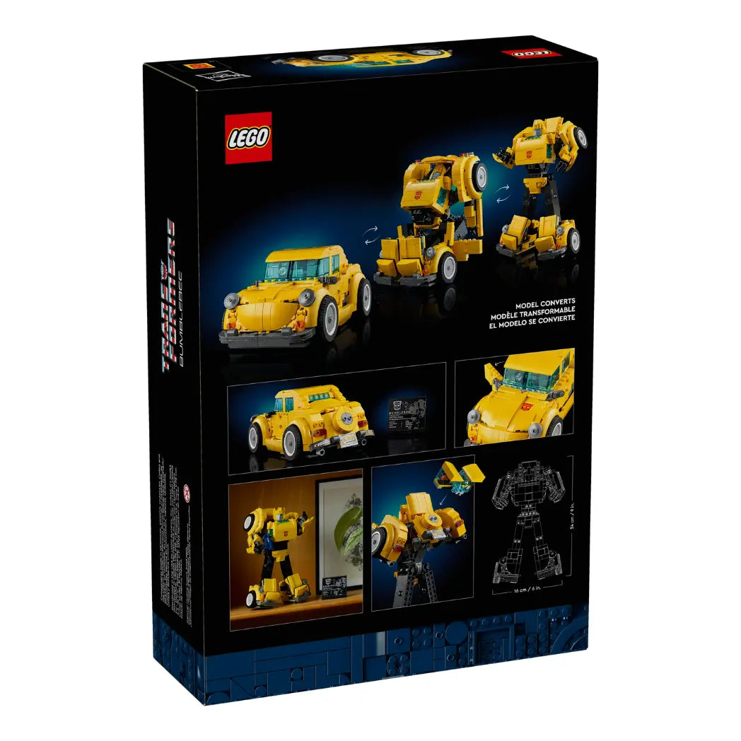 Back of LEGO Transformers Bumblebee box showing the conversion from yellow Volkswagen Beetle to robot mode and set dimensions.