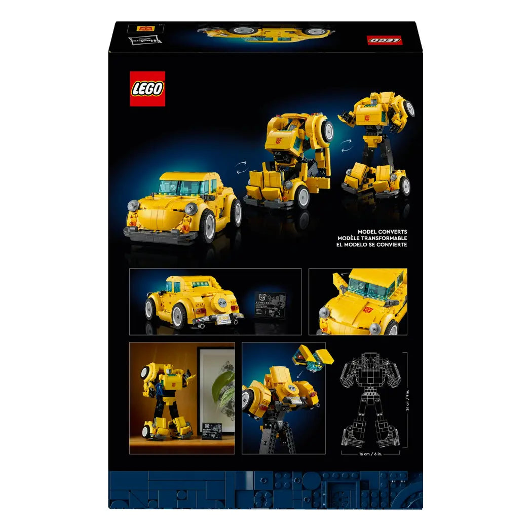 Back of LEGO Transformers Bumblebee box showing the conversion from yellow Volkswagen Beetle to robot mode and set dimensions.