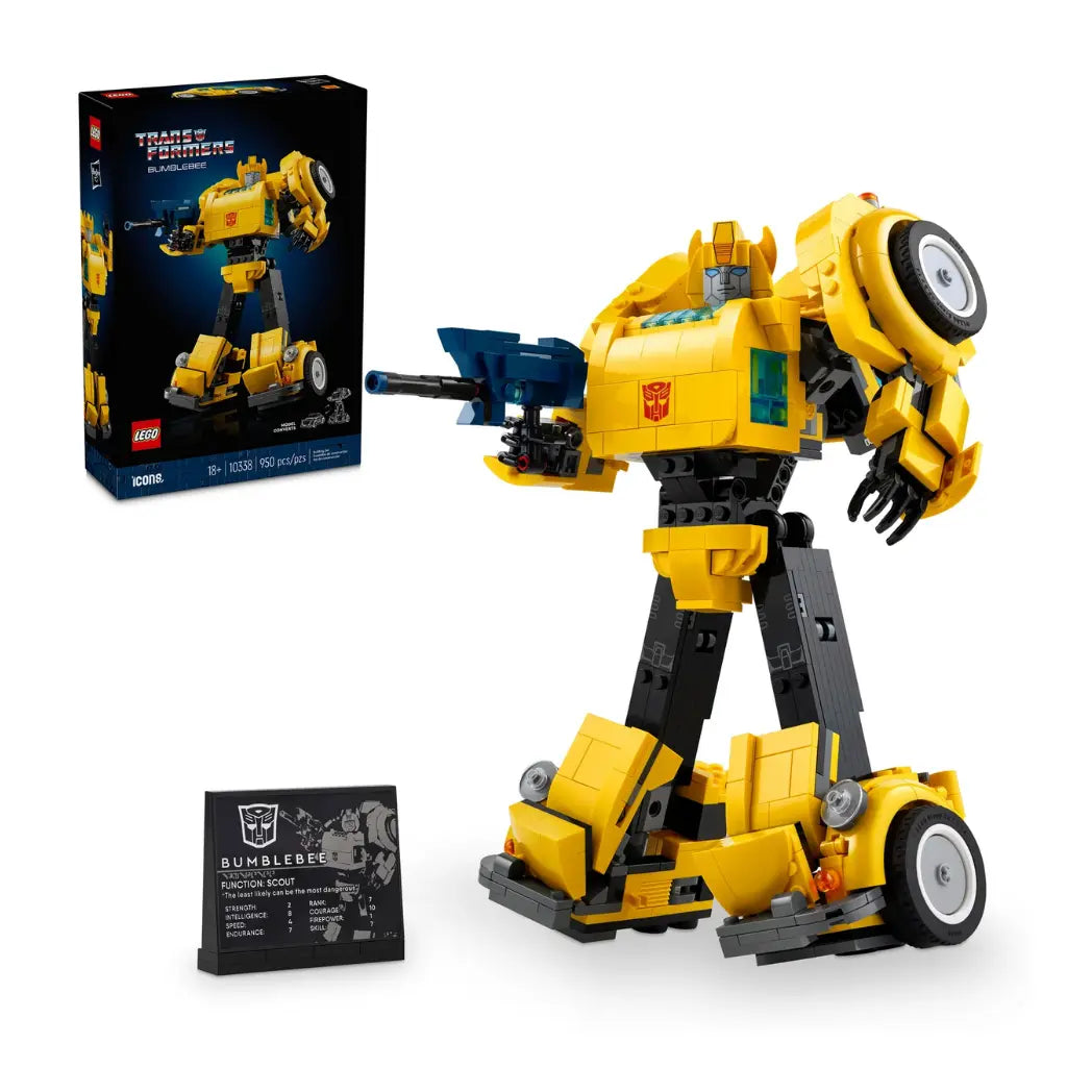 LEGO Transformers Bumblebee figure in robot mode next to its box and a black display plaque with character stats.