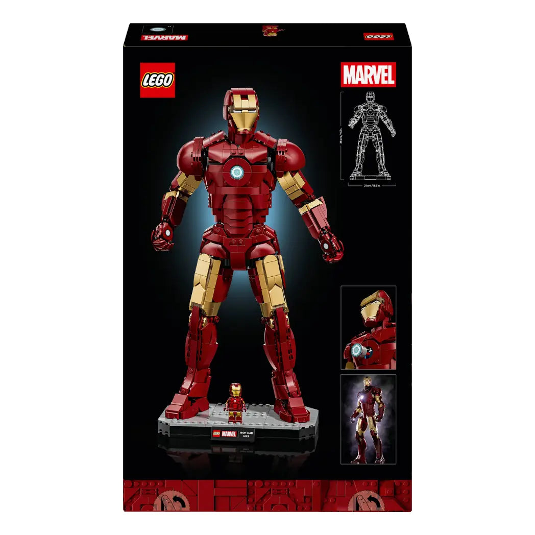 Back of LEGO Iron Man Mark 3 box showing the assembled figure's height and detailed close-ups of the helmet and chest.