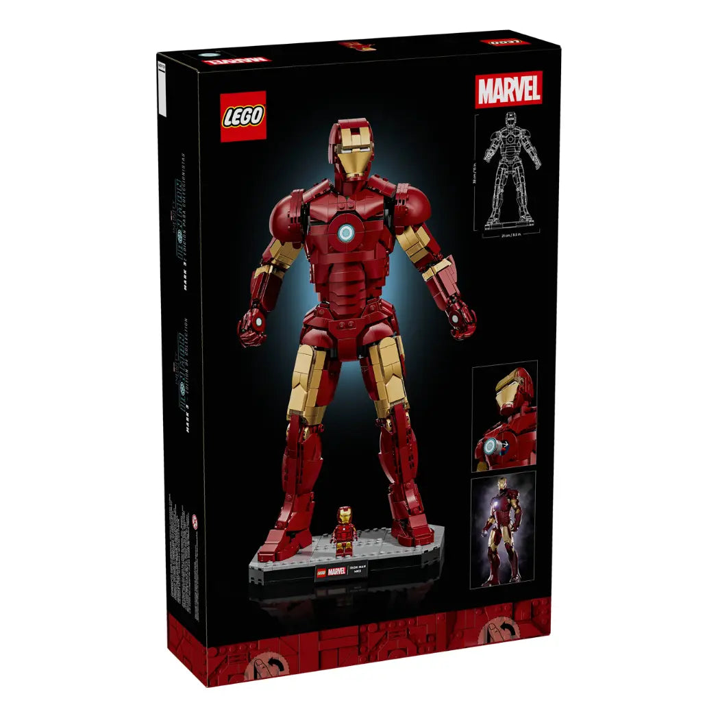 Angled back of LEGO Iron Man Mark 3 box showing the assembled figure's height and detailed close-ups of the helmet and chest.