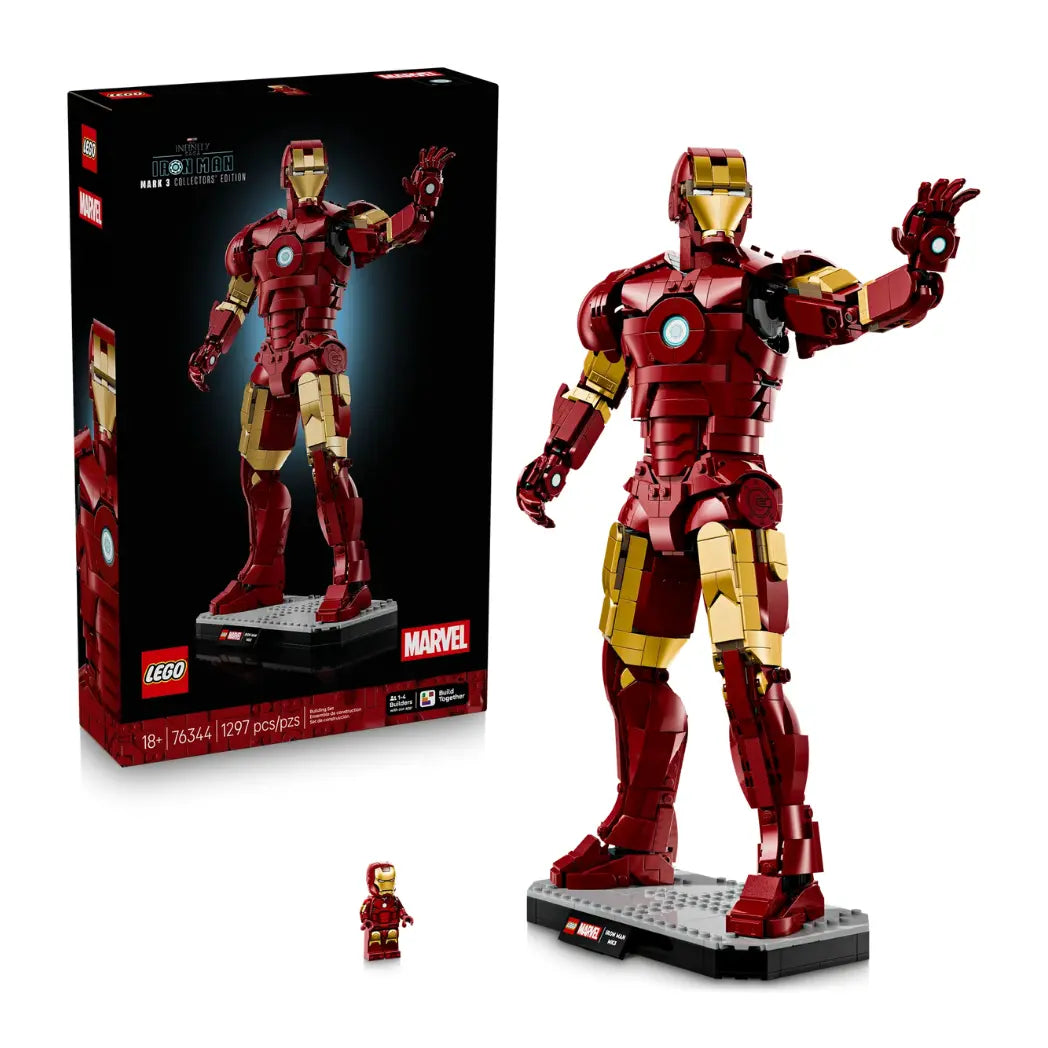 Lego Marvel Iron Man Mark 3 set featuring a buildable red and gold suit of armor with a Tony Stark minifigure.