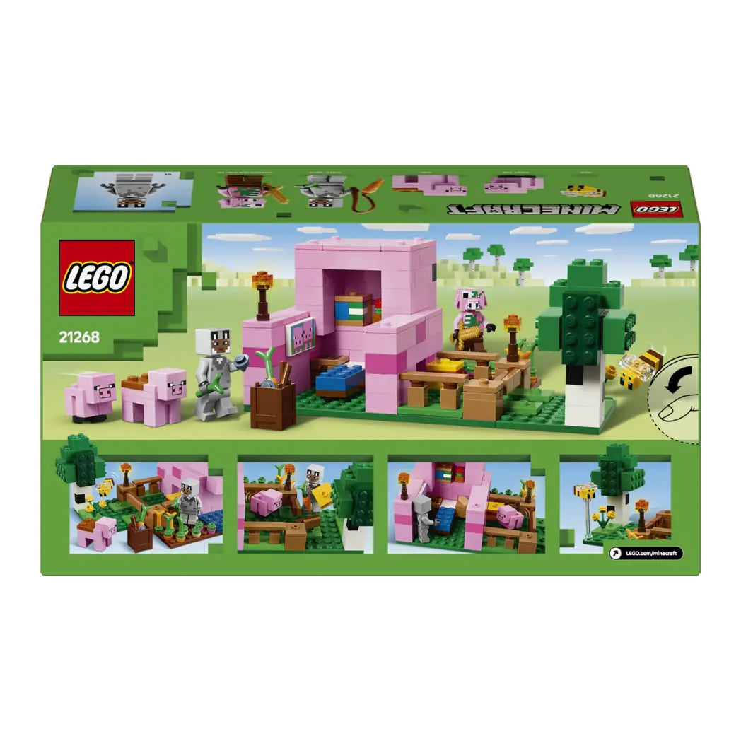 Back of LEGO Minecraft The Baby Pig House box showing the open interior of the pig house and various play scenes.