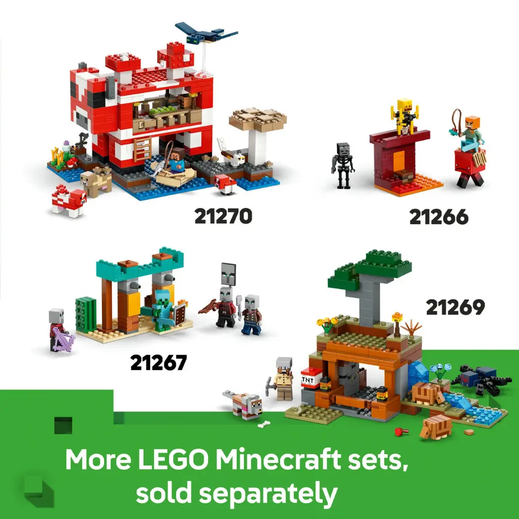 Various LEGO Minecraft sets including Mushroom House, Nether Portal, and Desert Outpost, with the text "More LEGO Minecraft sets, sold seperately".