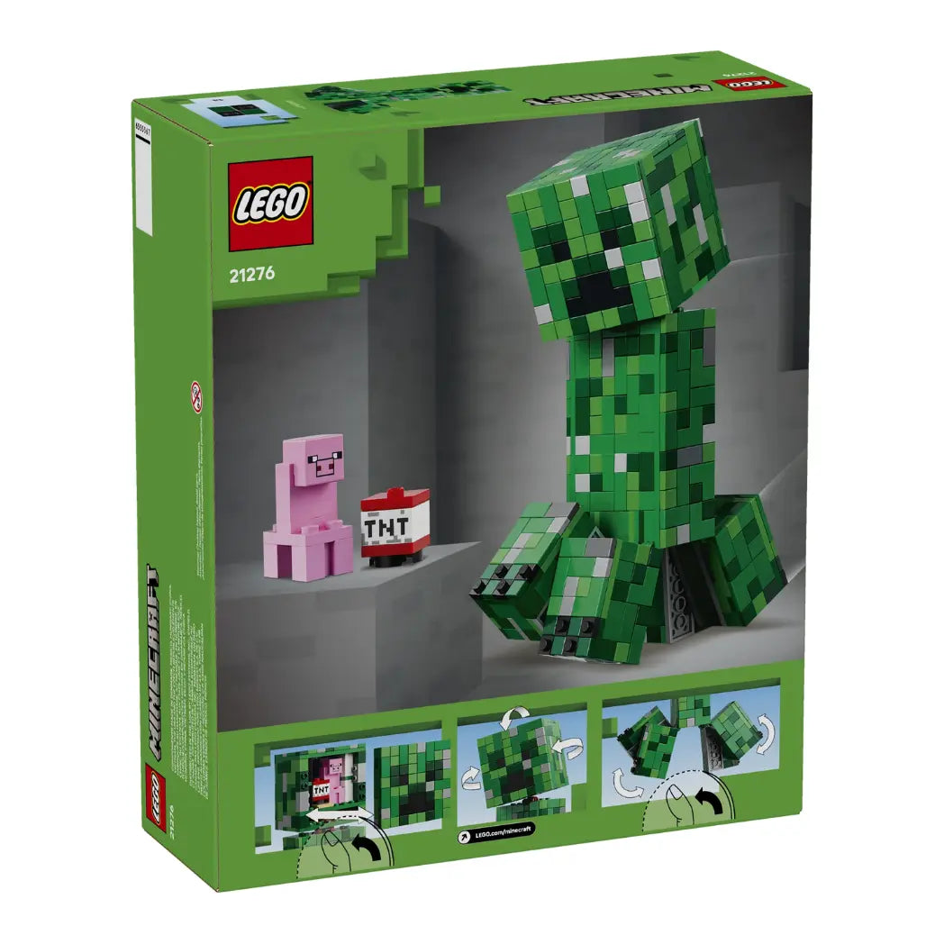 Back of LEGO Minecraft The Creeper box showing the green figure with a hidden pig and TNT inside, plus articulating features.