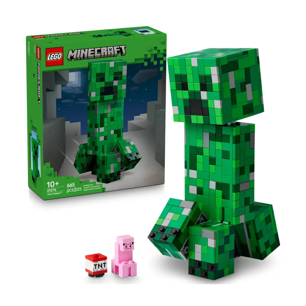 LEGO Minecraft The Creeper set shown assembled with the green figure, a small pink pig, TNT block, and packaging.