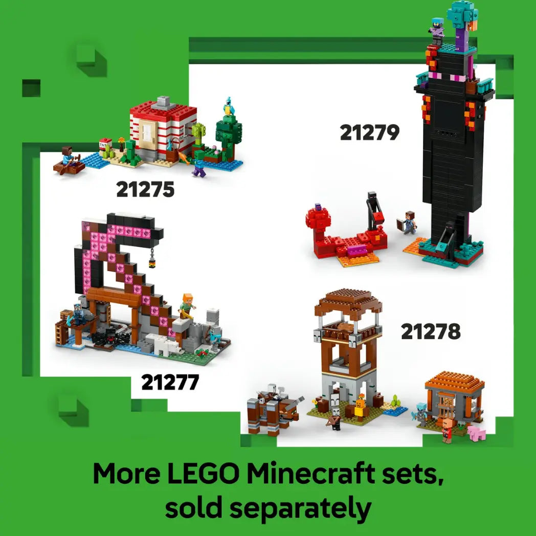 Various LEGO Minecraft sets including Beach House and Enderman, with the text "More LEGO Minecraft sets sold seperately."