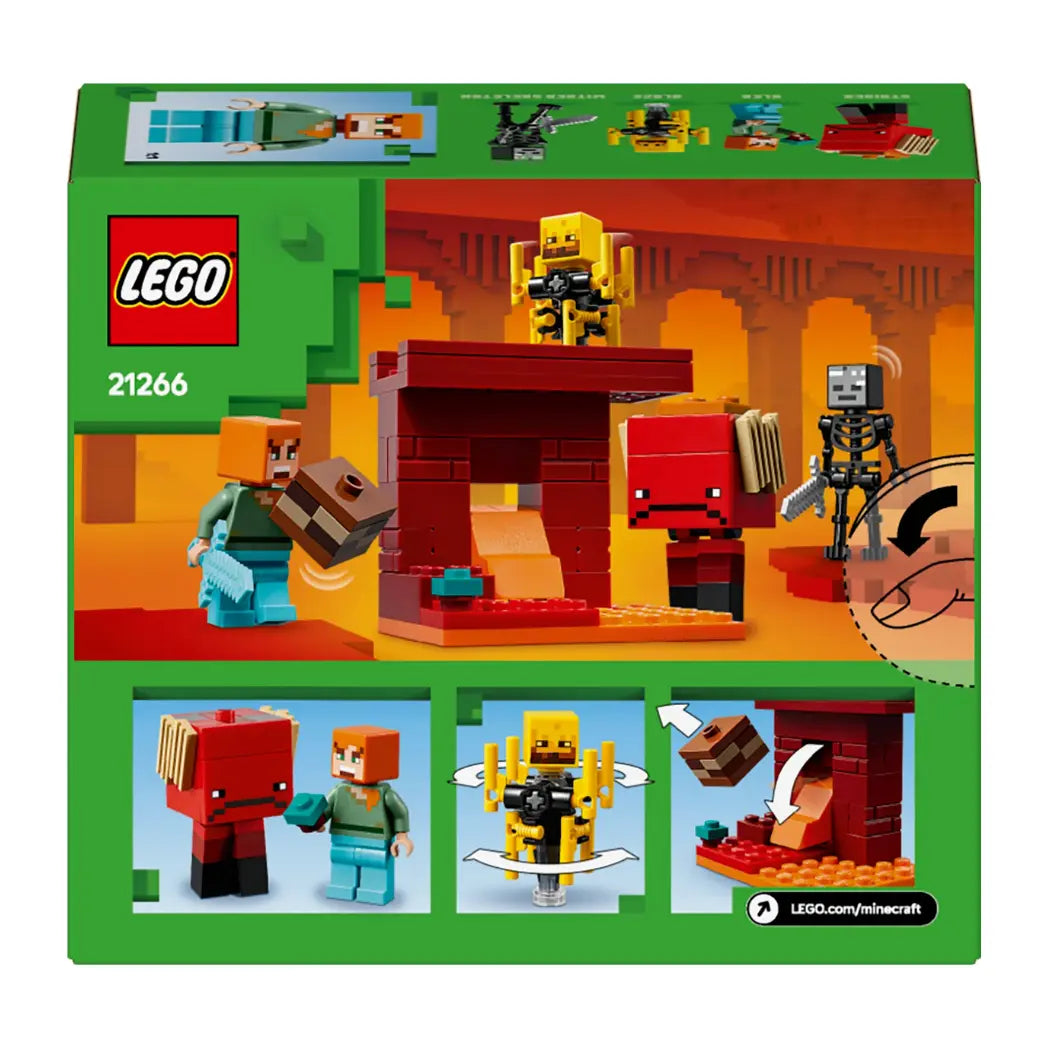 Back of LEGO Minecraft The Nether Lava Battle box showing play features like a rotating Blaze and set dimensions.