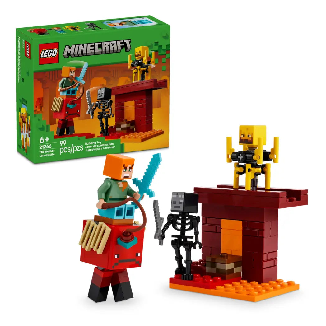 LEGO Minecraft The Nether Lava Battle set shown assembled with the box, featuring a red Strider, Wither Skeleton, and Blaze.