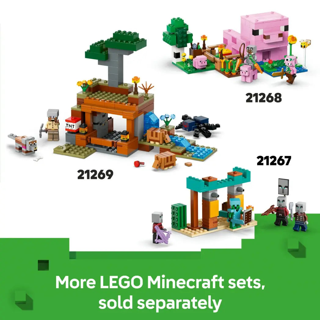 Three LEGO Minecraft sets including The Baby Pig House and a desert outpost with the text "More LEGO Minecraft sets."