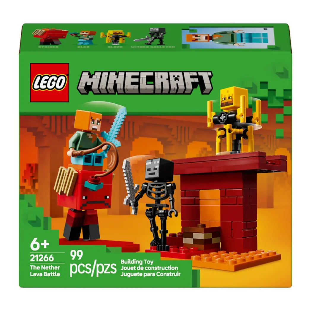 LEGO Minecraft The Nether Lava Battle box featuring a character on a Strider, a skeleton, and a Blaze in a lava landscape.